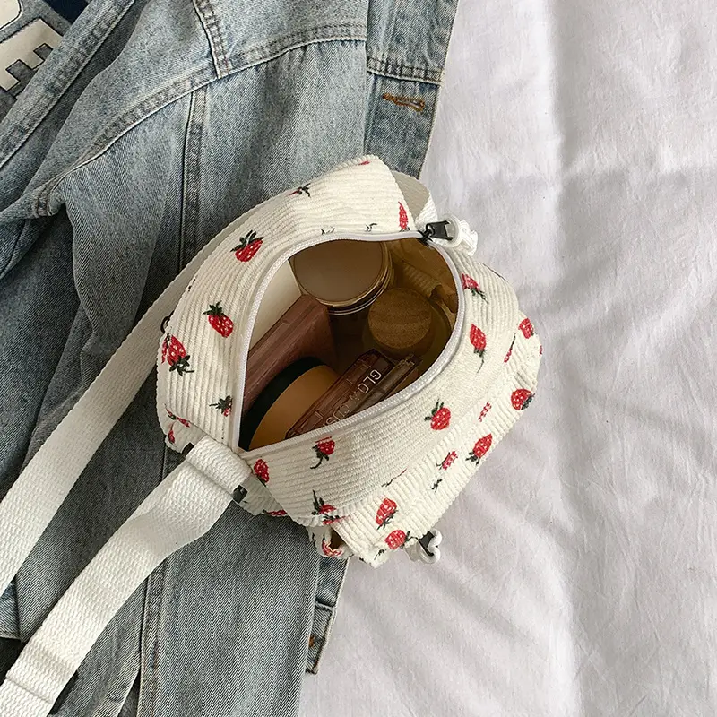 Vintage Strawberry Corduroy Shoulder Bag for Girls