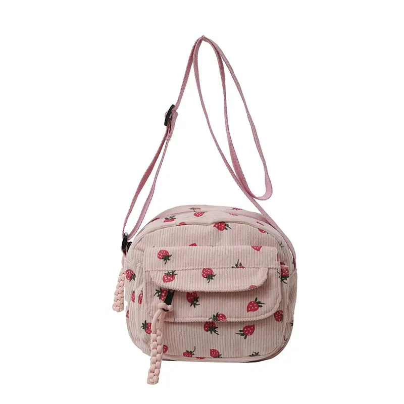 Vintage Strawberry Corduroy Shoulder Bag for Girls