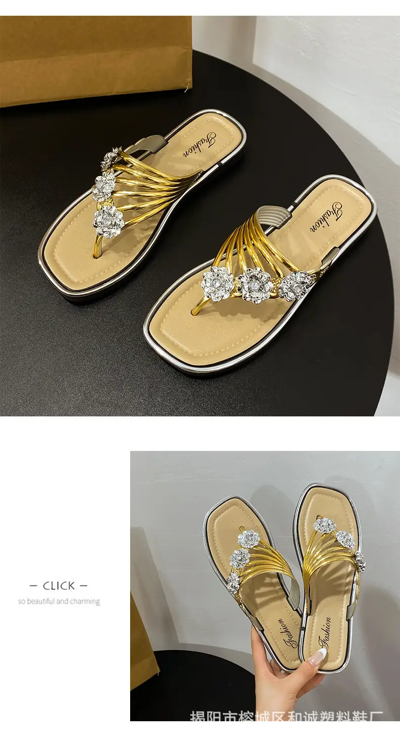 Fashion Trendy Thick Bottom silver Flip-Flops Women's Shoes 2024 Summer Outer Wear Flip-Flops Beach Sandals Women's Shoes — feature 10
