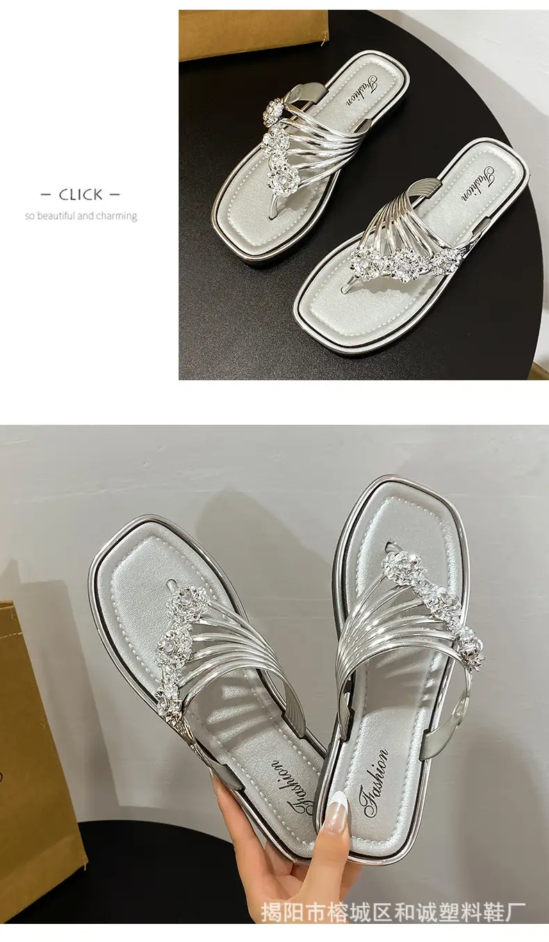 Fashion Trendy Thick Bottom silver Flip-Flops Women's Shoes 2024 Summer Outer Wear Flip-Flops Beach Sandals Women's Shoes — feature 9