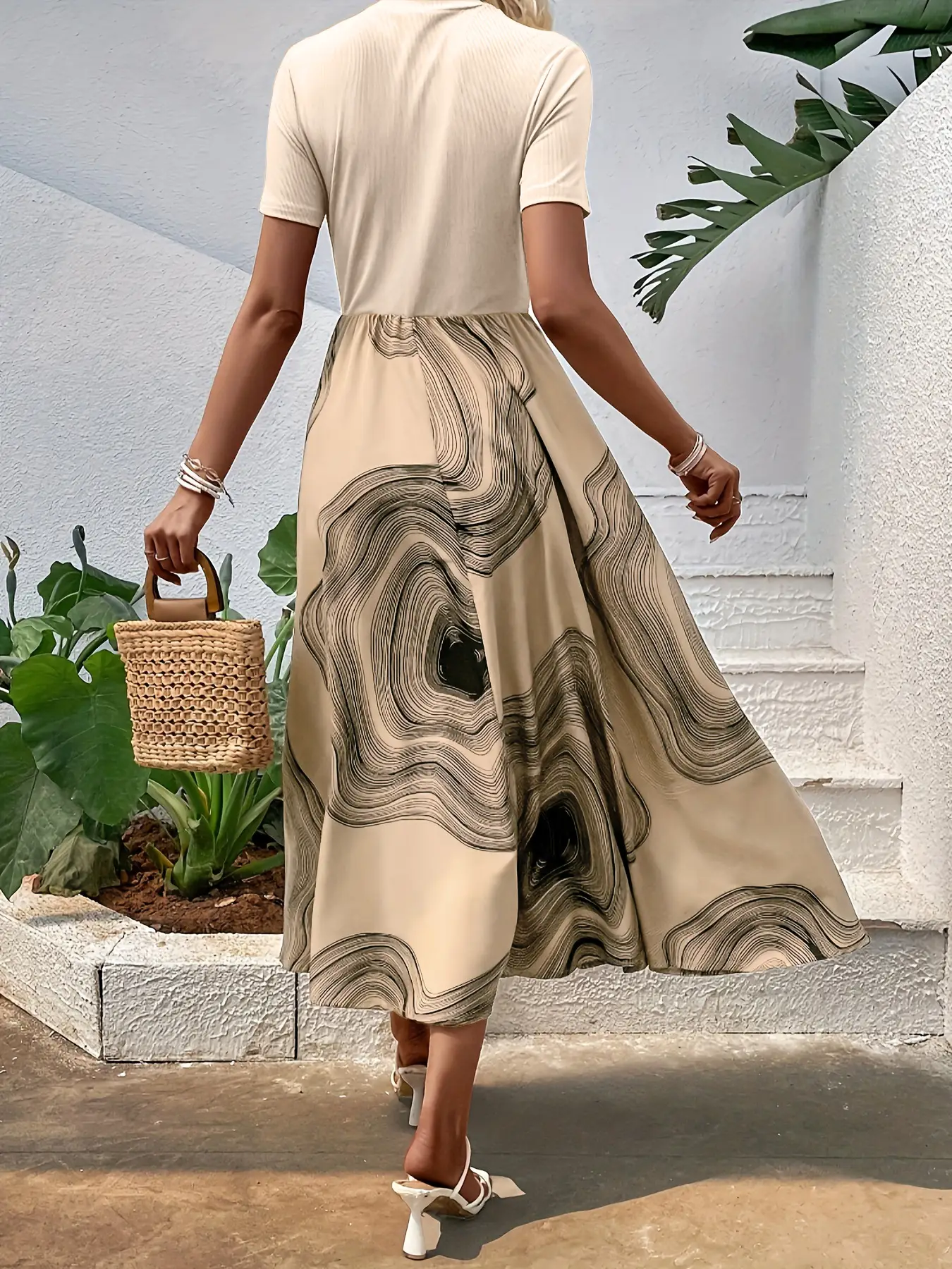 Women 3D Geometric Print Beltless Midi Dress Beige Brown - Image 3