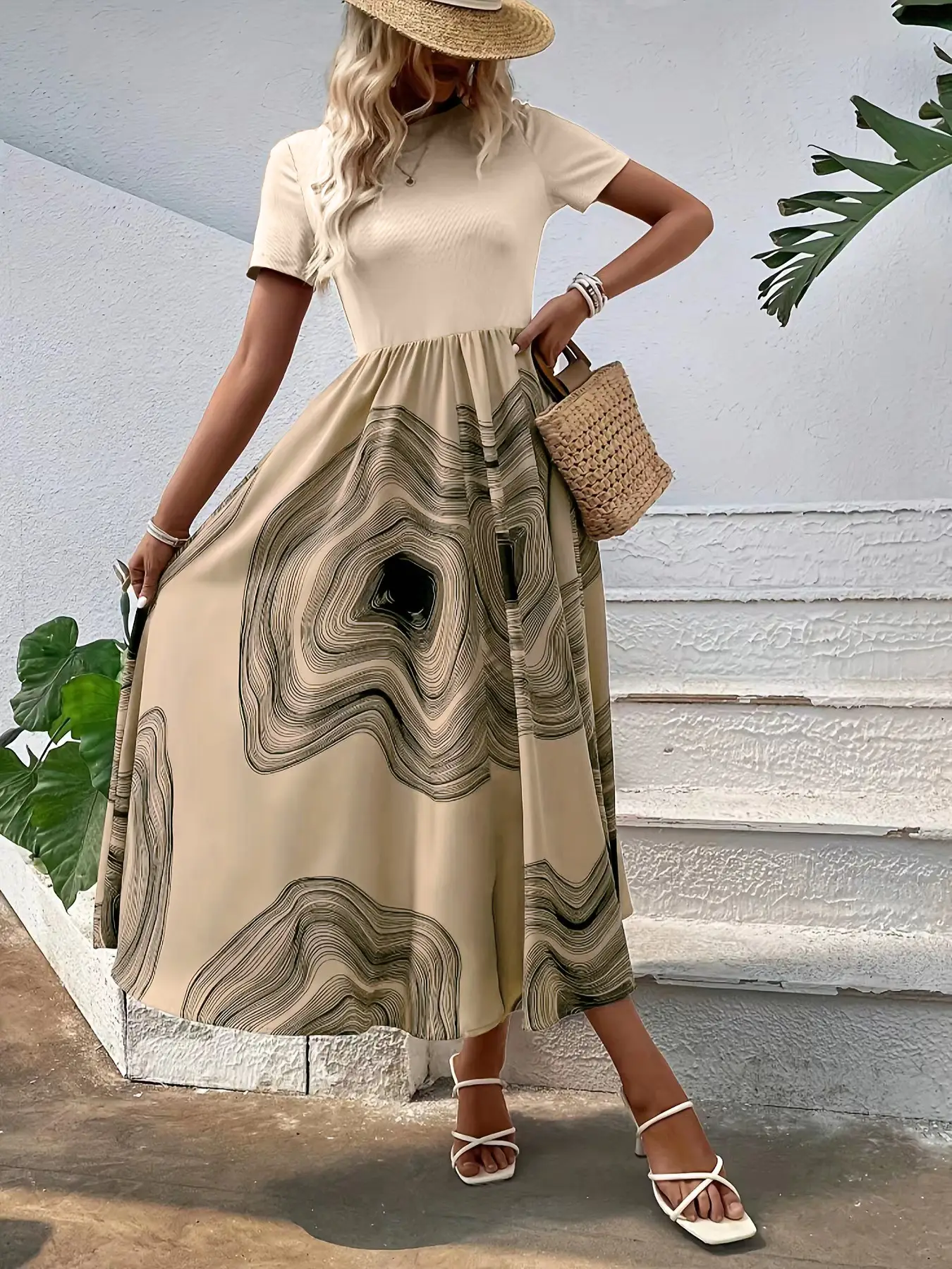 Women 3D Geometric Print Beltless Midi Dress Beige Brown - Image 6