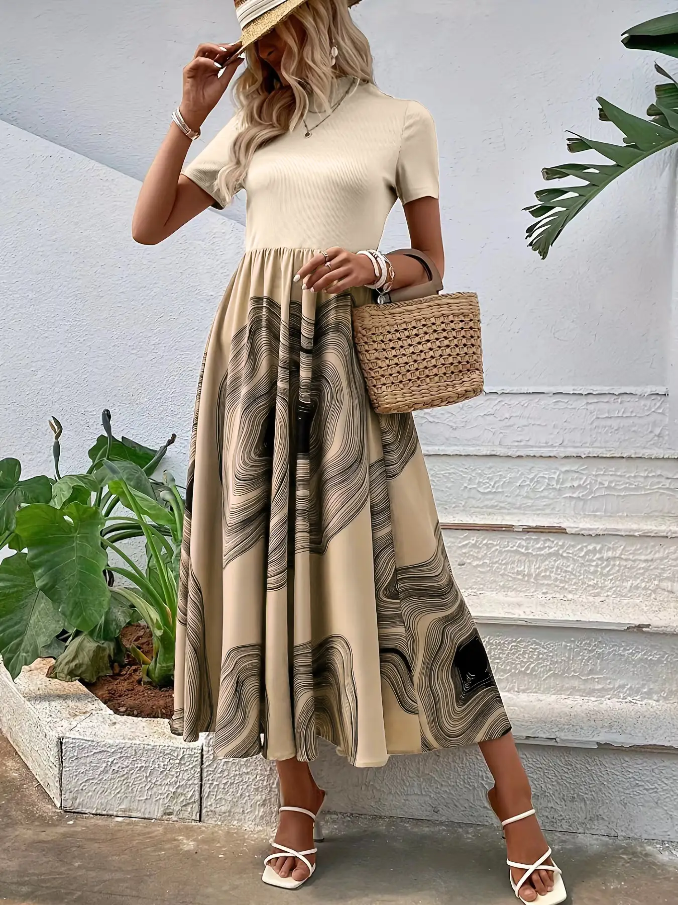 Women 3D Geometric Print Beltless Midi Dress Beige Brown — feature 2