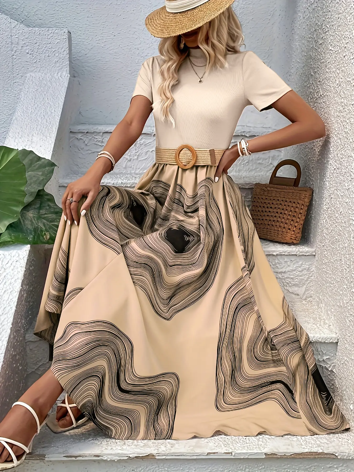 Women 3D Geometric Print Beltless Midi Dress Beige Brown — feature 3