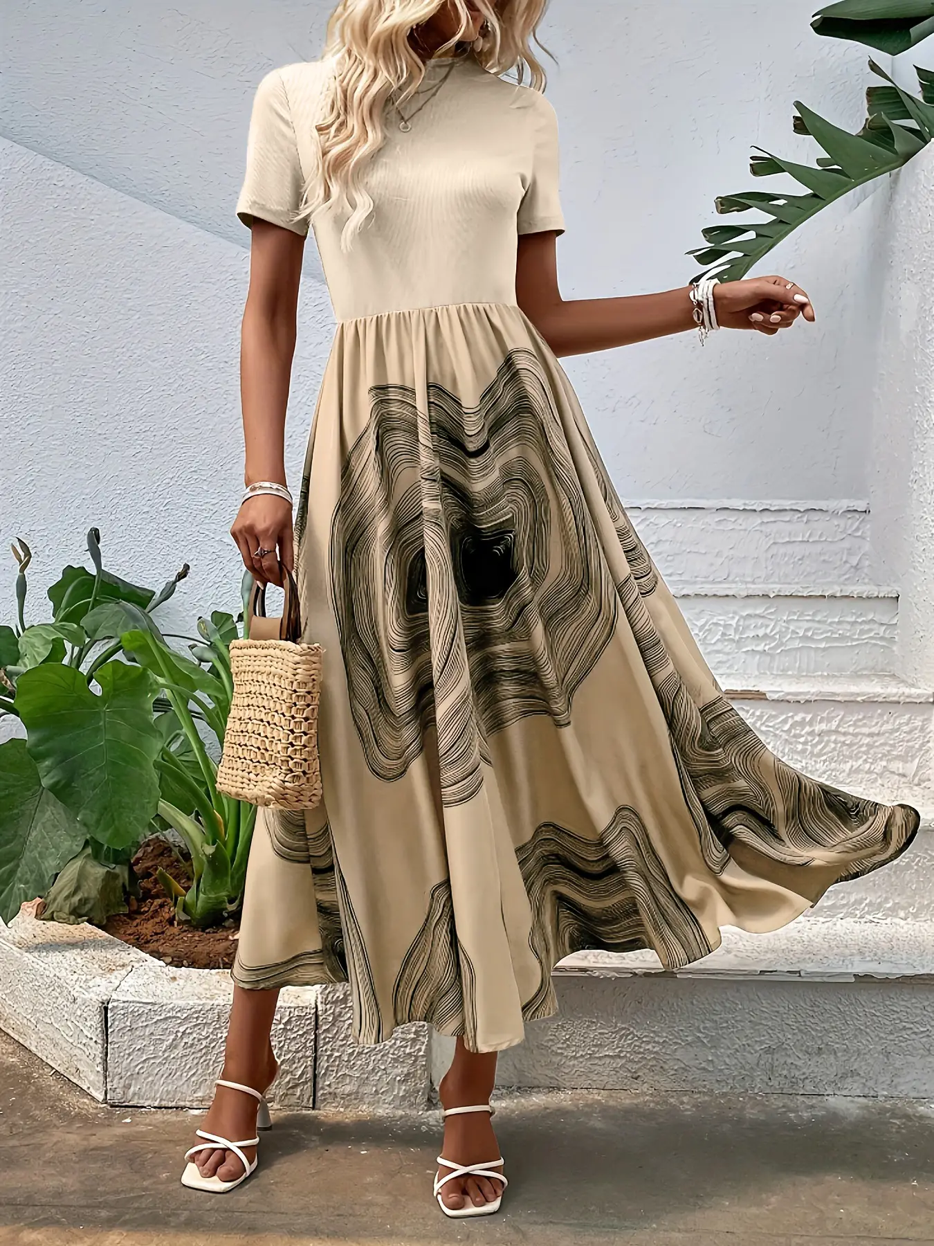 Women 3D Geometric Print Beltless Midi Dress Beige Brown — feature 4