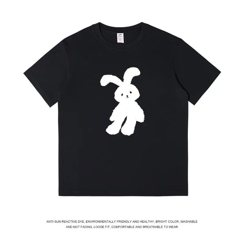 White Bunny Printed T-Shirt Black Pure Cotton - Image 2