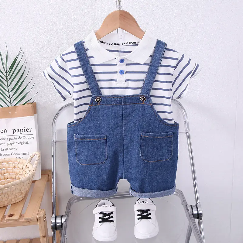 Baby Denim Shorts Set Blue Striped T-Shirt - Image 2