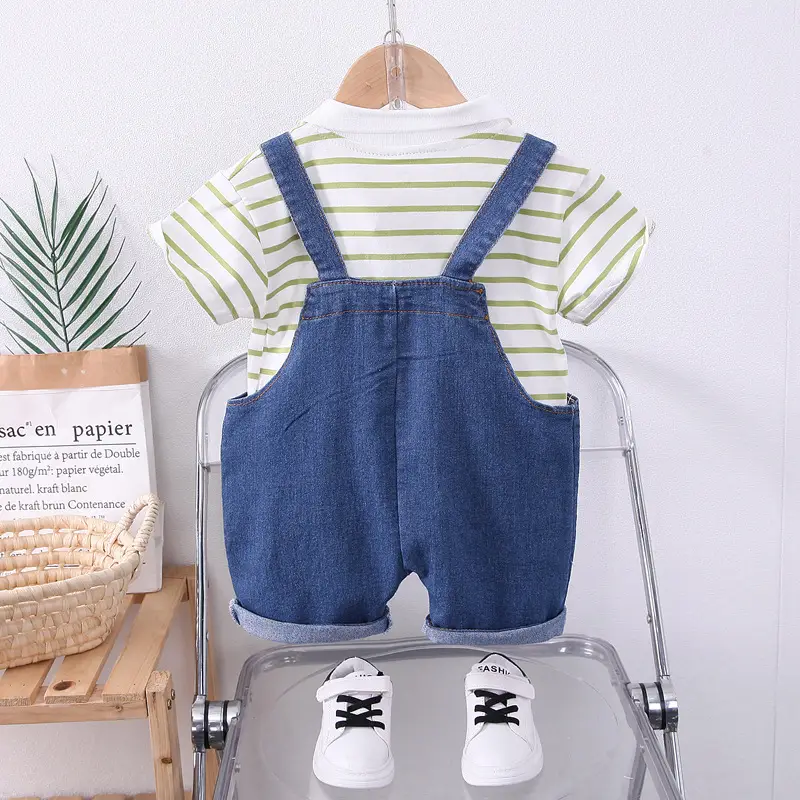 Baby Denim Shorts Set Blue Striped T-Shirt - Image 4