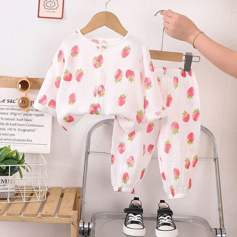 Children's Pajamas Set Baby Cartoon Pure Cotton Gauze Boys and Girls Cotton Gauze Nine-quarter Sleeve Home Clothes Girls Home Clothes