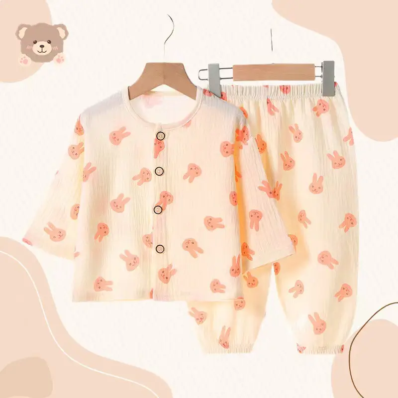 Children's Pajamas Set Baby Cartoon Pure Cotton Gauze Boys and Girls Cotton Gauze Nine-quarter Sleeve Home Clothes Girls Home Clothes