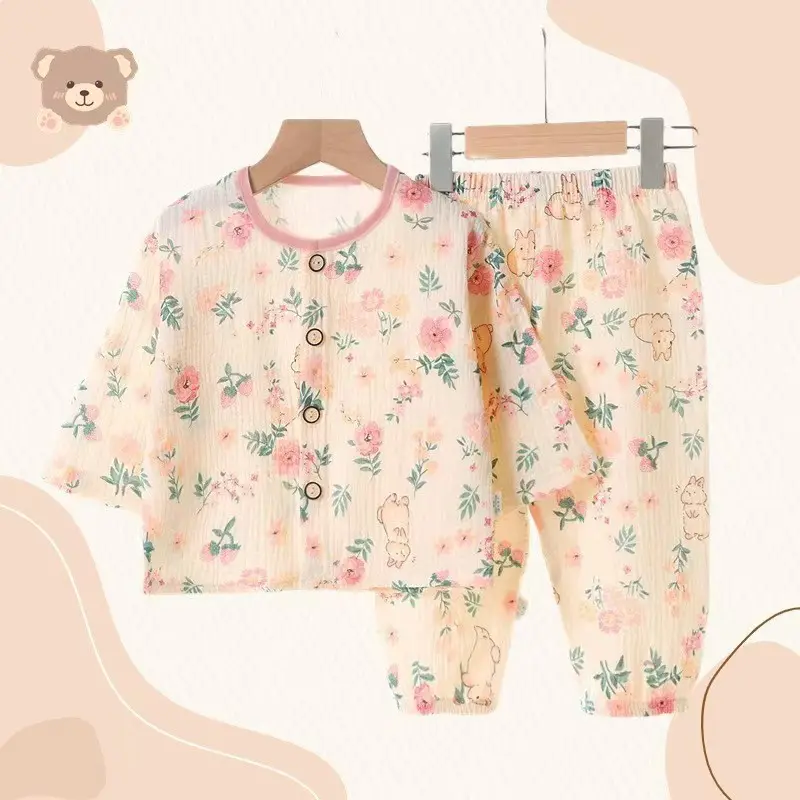 Children's Pajamas Set Baby Cartoon Pure Cotton Gauze Boys and Girls Cotton Gauze Nine-quarter Sleeve Home Clothes Girls Home Clothes