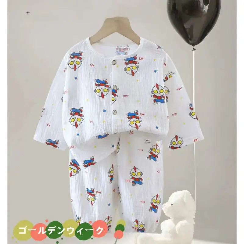 Children's Pajamas Set Baby Cartoon Pure Cotton Gauze Boys and Girls Cotton Gauze Nine-quarter Sleeve Home Clothes Girls Home Clothes
