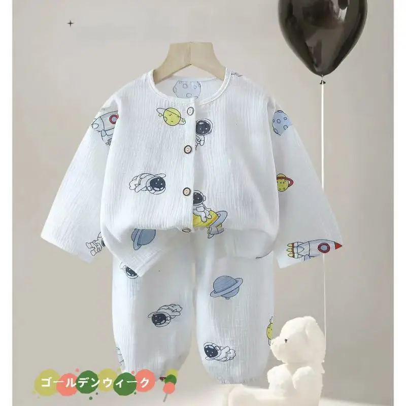 Children's Pajamas Set Baby Cartoon Pure Cotton Gauze Boys and Girls Cotton Gauze Nine-quarter Sleeve Home Clothes Girls Home Clothes