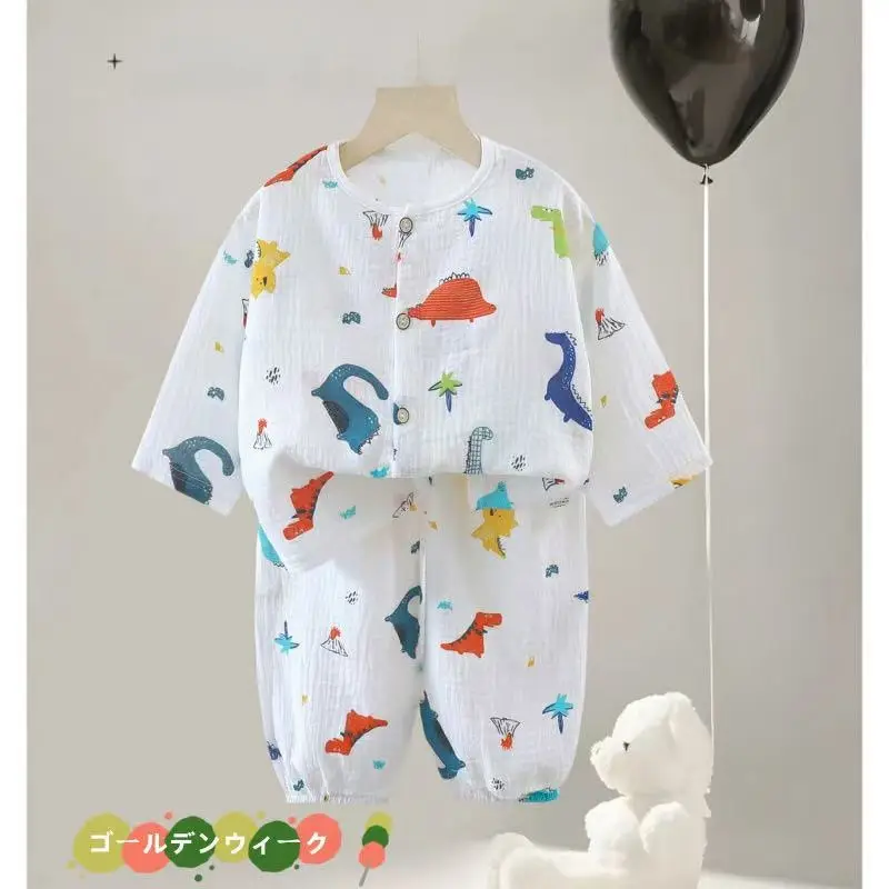 Children's Pajamas Set Baby Cartoon Pure Cotton Gauze Boys and Girls Cotton Gauze Nine-quarter Sleeve Home Clothes Girls Home Clothes