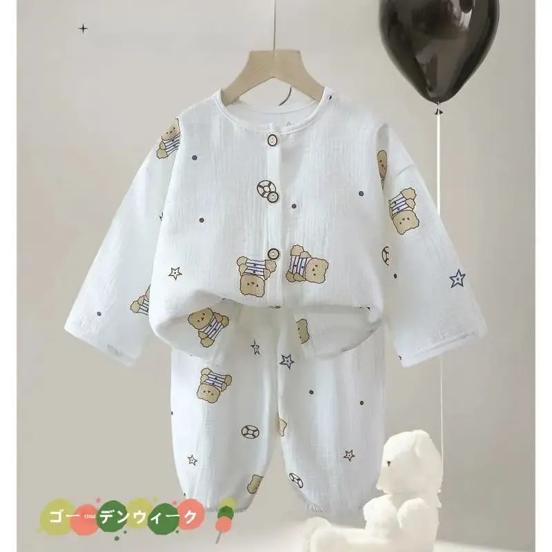 Children's Pajamas Set Baby Cartoon Pure Cotton Gauze Boys and Girls Cotton Gauze Nine-quarter Sleeve Home Clothes Girls Home Clothes