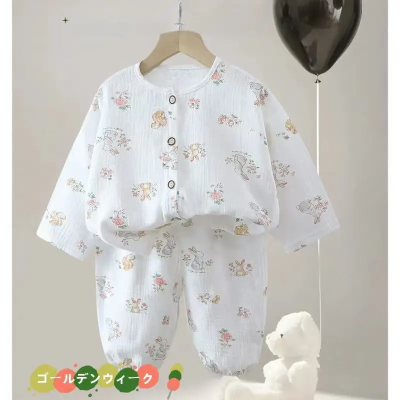 Children's Pajamas Set Baby Cartoon Pure Cotton Gauze Boys and Girls Cotton Gauze Nine-quarter Sleeve Home Clothes Girls Home Clothes