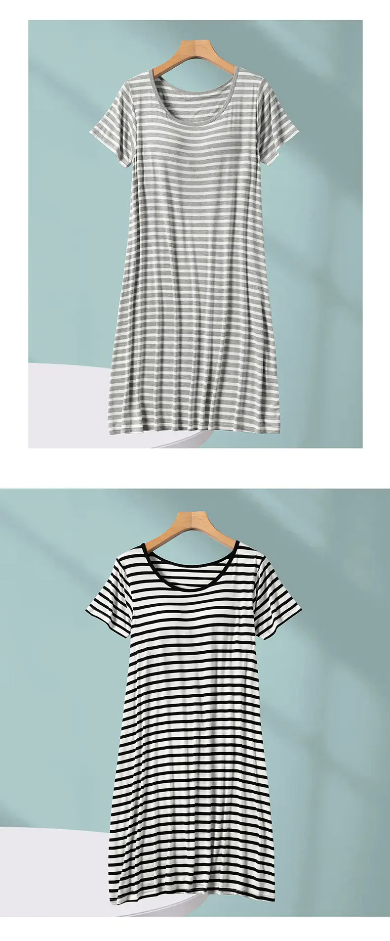 Women's Striped Nightgown with Breast Pads, Plus Size, Breathable — feature 19