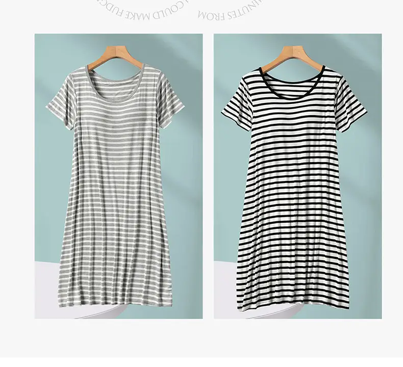 Women's Striped Nightgown with Breast Pads, Plus Size, Breathable — feature 7