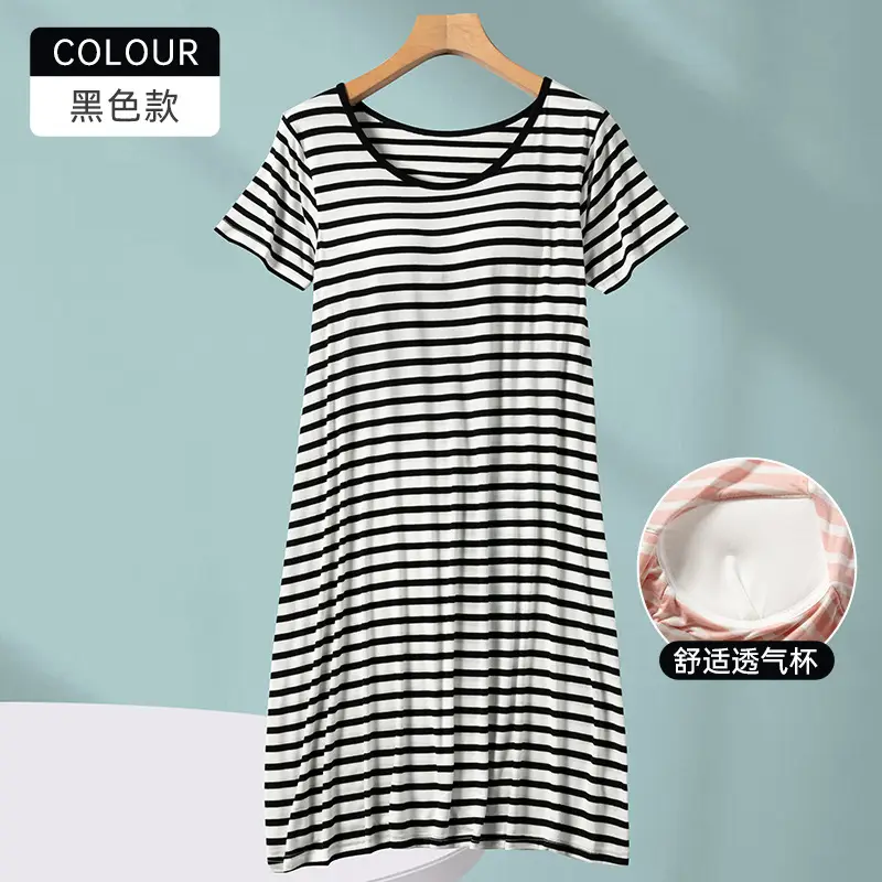 Women's Striped Nightgown with Breast Pads, Plus Size, Breathable - Image 2