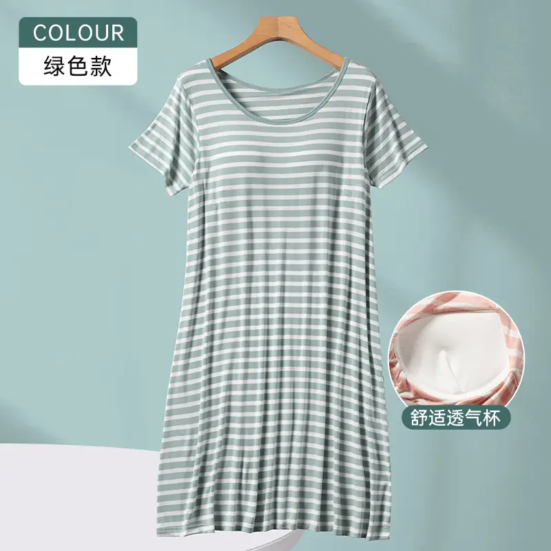 Women's Striped Nightgown with Breast Pads, Plus Size, Breathable - Image 3