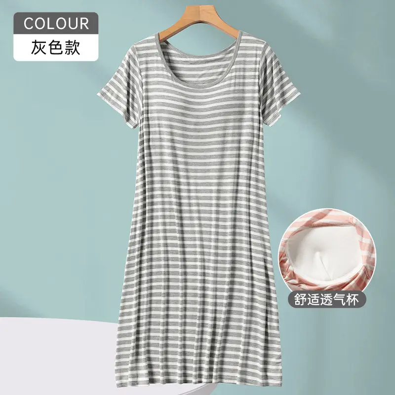 Women's Striped Nightgown with Breast Pads, Plus Size, Breathable - Image 4