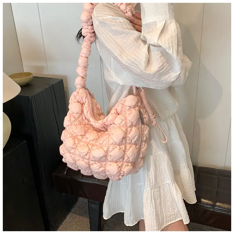Pink Bubble Pleated Shoulder Bag for Women — feature 13