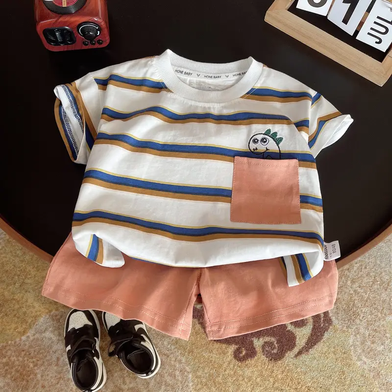 Children Striped T-Shirt Shorts Set 2024 Summer - Image 3