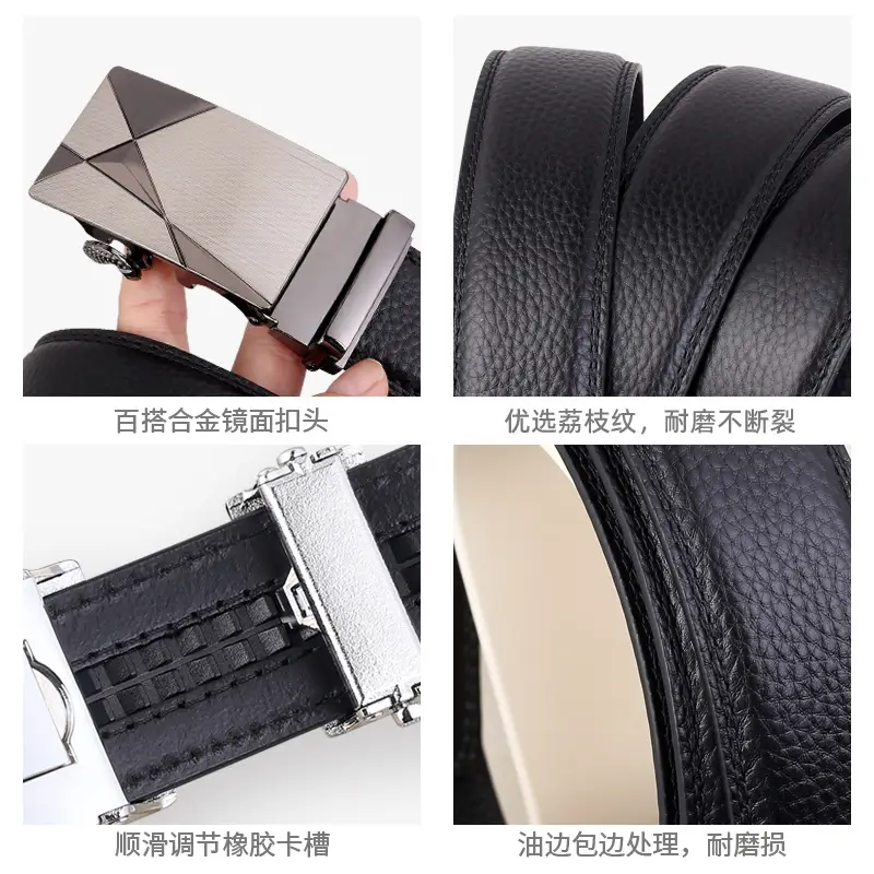 Men's Black Leather Belt with Silver Automatic Buckle - Image 4