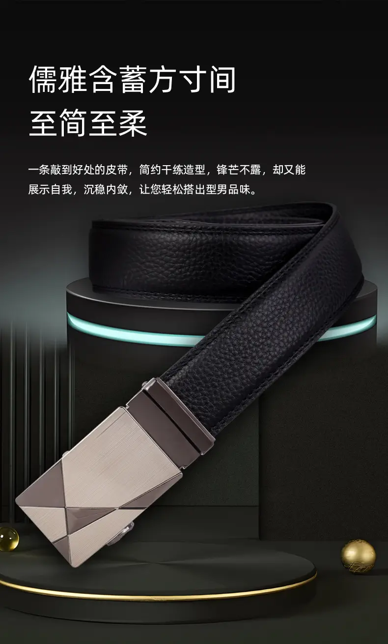 Men's Black Leather Belt with Silver Automatic Buckle — feature 6