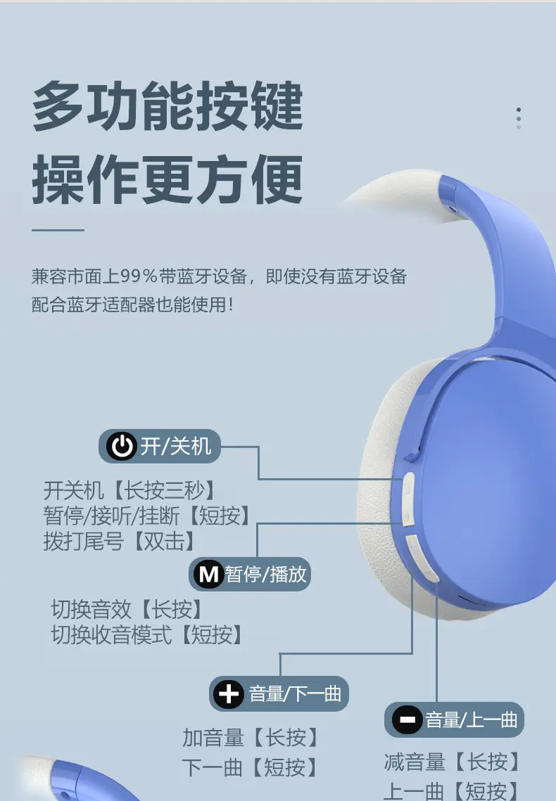 Over-Ear Bluetooth Headphones Blue White Vje907 — feature 10