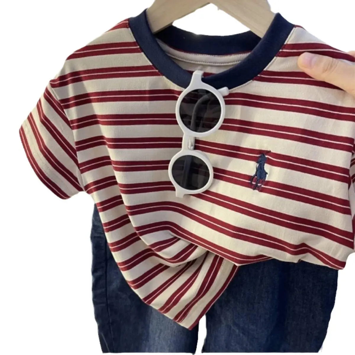 Boys Cotton Striped T-Shirt Navy Red - Image 15