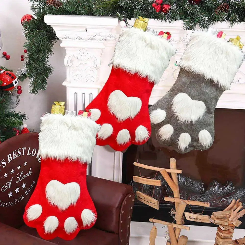 Red Dog Paw Christmas Socks with Fur Trim - Image 4