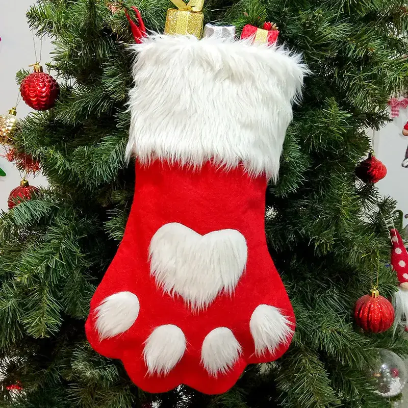 Red Dog Paw Christmas Socks with Fur Trim - Image 6
