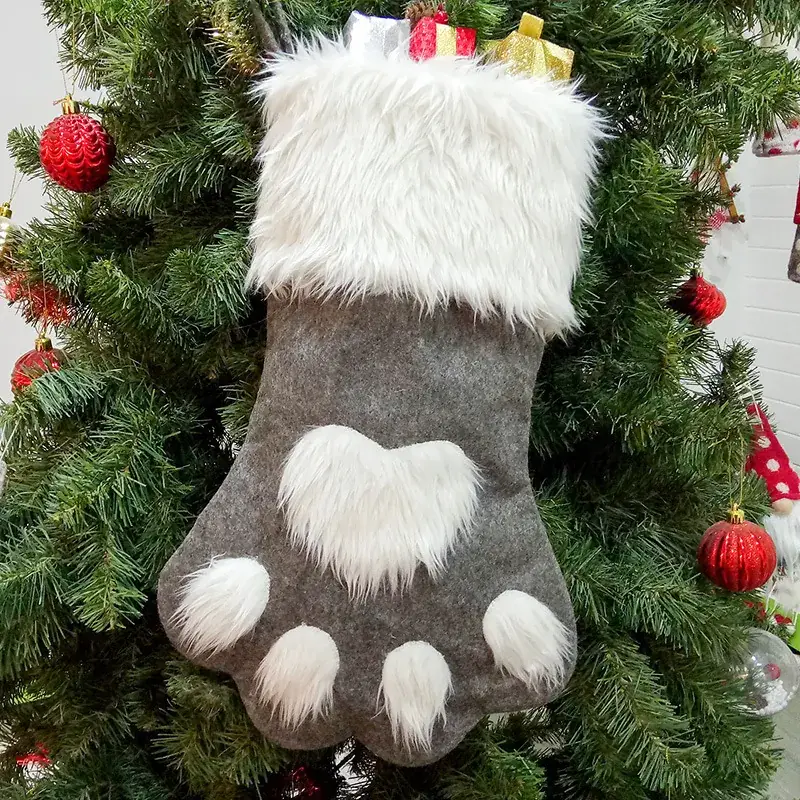 Red Dog Paw Christmas Socks with Fur Trim - Image 2