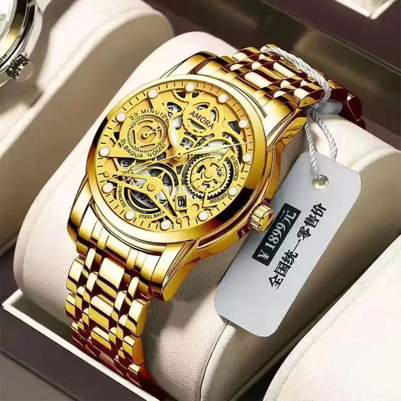 Gold Skeleton Watch with Luminous Dial & Stainless Band - Image 8