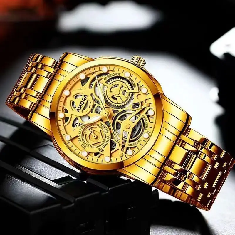 Gold Skeleton Watch with Luminous Dial & Stainless Band - Image 9