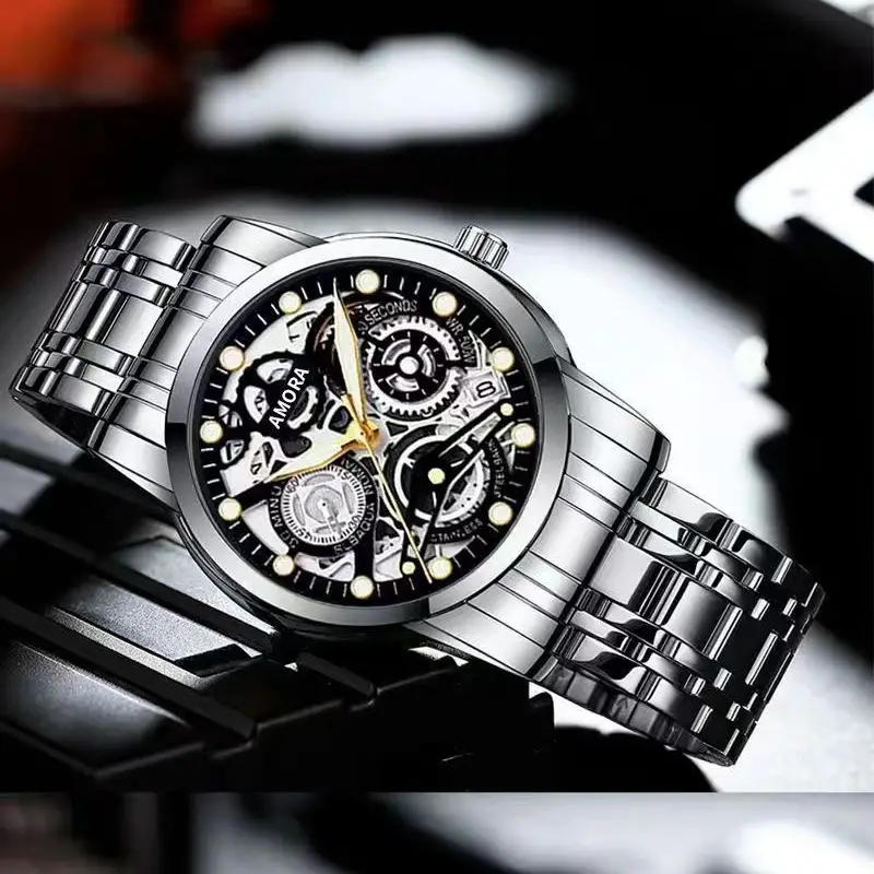 Gold Skeleton Watch with Luminous Dial & Stainless Band - Image 10