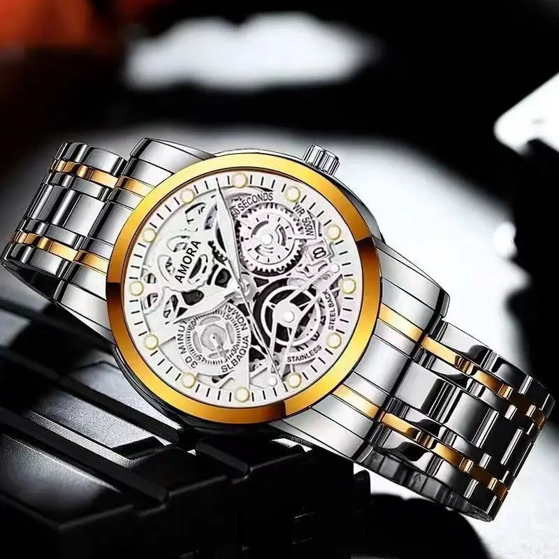 Gold Skeleton Watch with Luminous Dial & Stainless Band - Image 11