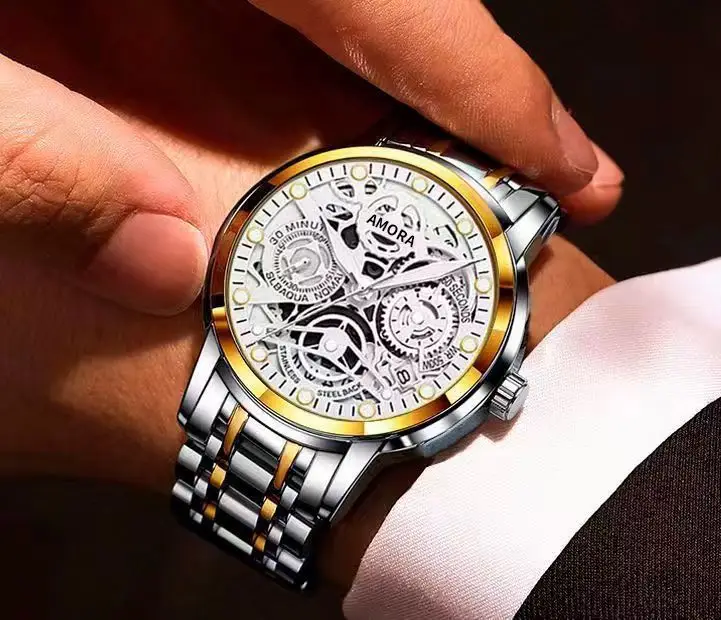 Gold Skeleton Watch with Luminous Dial & Stainless Band — feature 10
