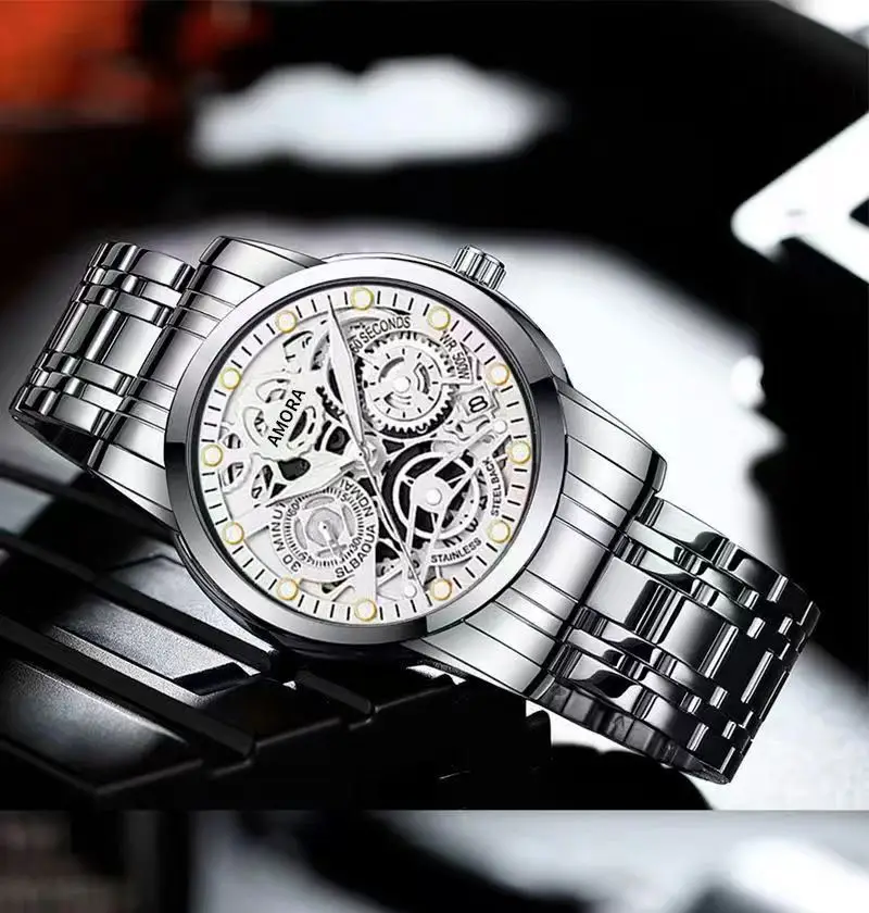 Gold Skeleton Watch with Luminous Dial & Stainless Band — feature 13