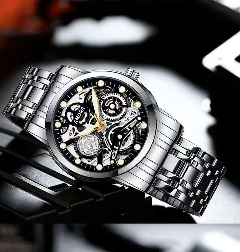 Gold Skeleton Watch with Luminous Dial & Stainless Band — feature 15