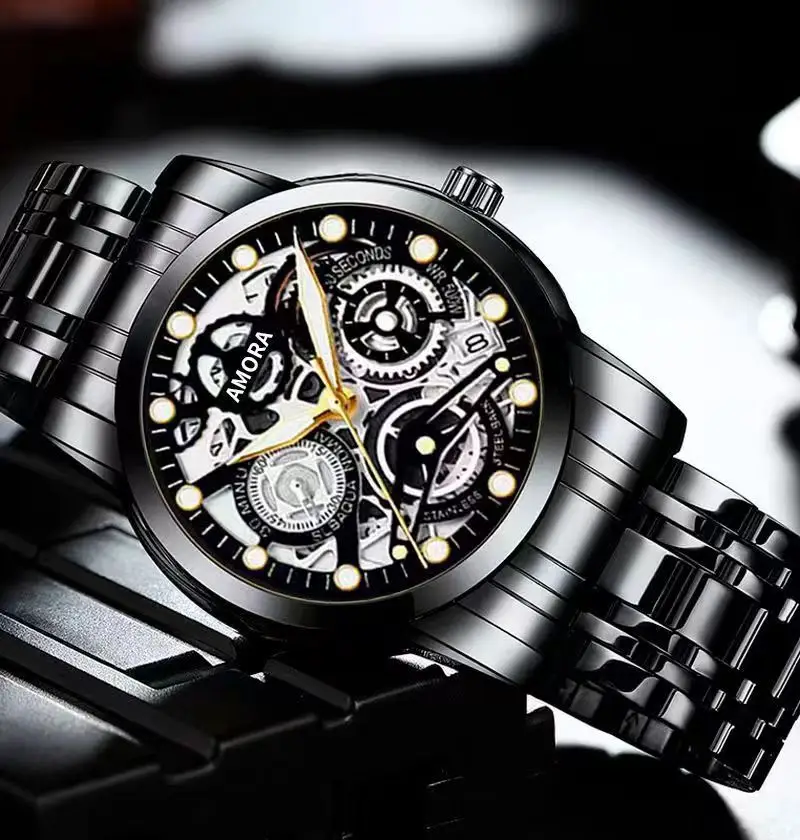 Gold Skeleton Watch with Luminous Dial & Stainless Band — feature 17