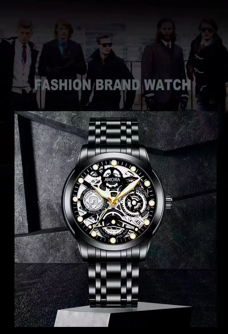 Gold Skeleton Watch with Luminous Dial & Stainless Band — feature 19