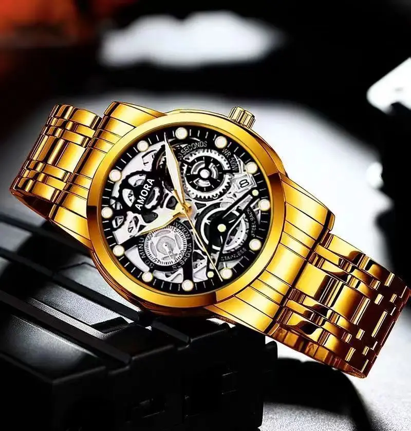Gold Skeleton Watch with Luminous Dial & Stainless Band — feature 6