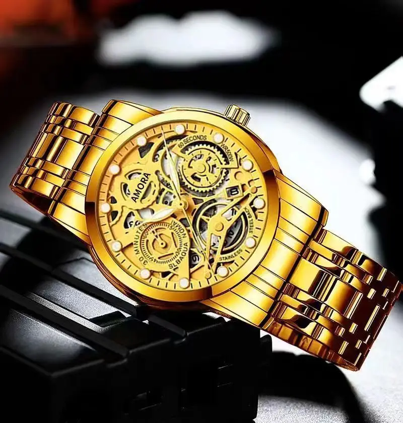 Gold Skeleton Watch with Luminous Dial & Stainless Band — feature 7