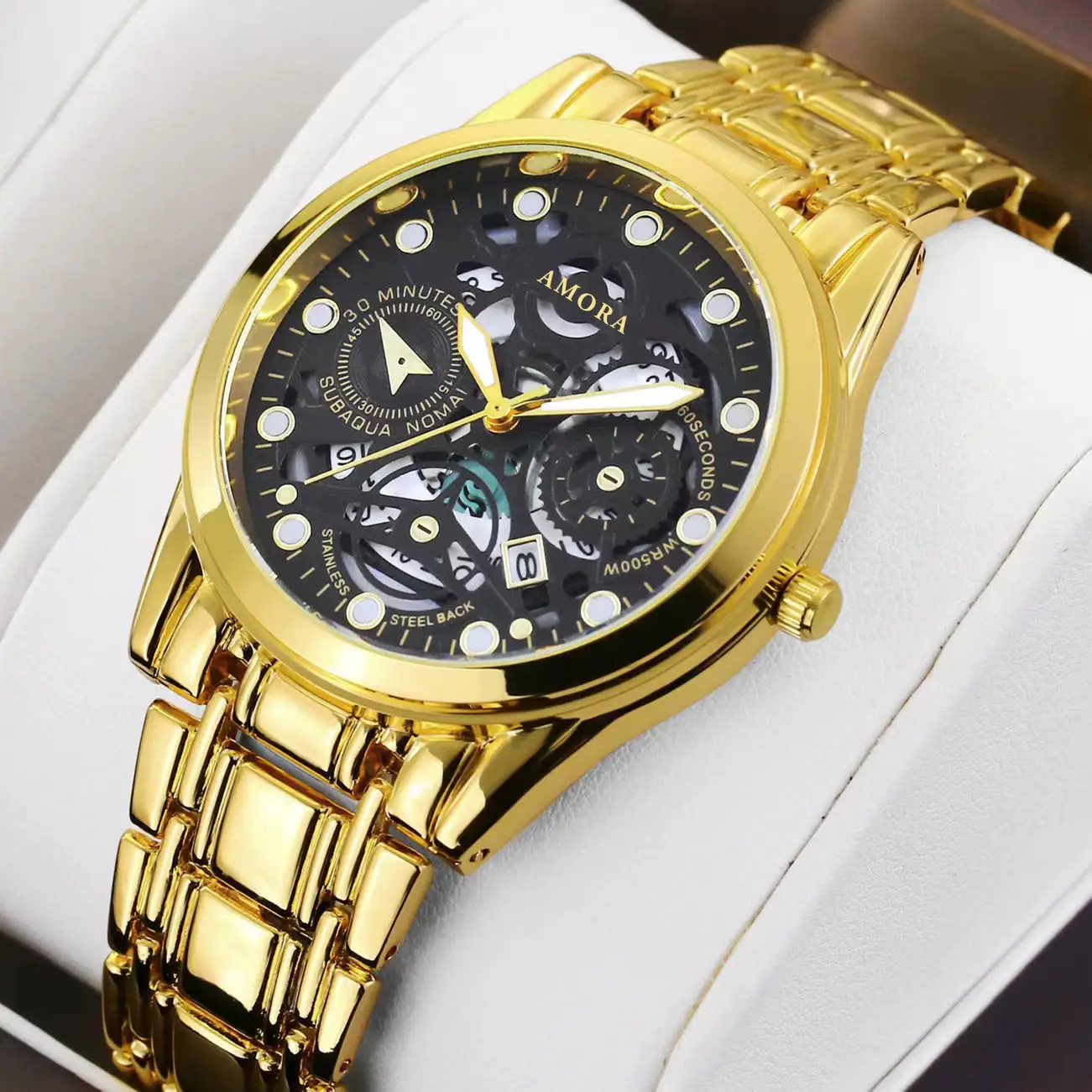 Gold Skeleton Watch with Luminous Dial & Stainless Band - Image 2