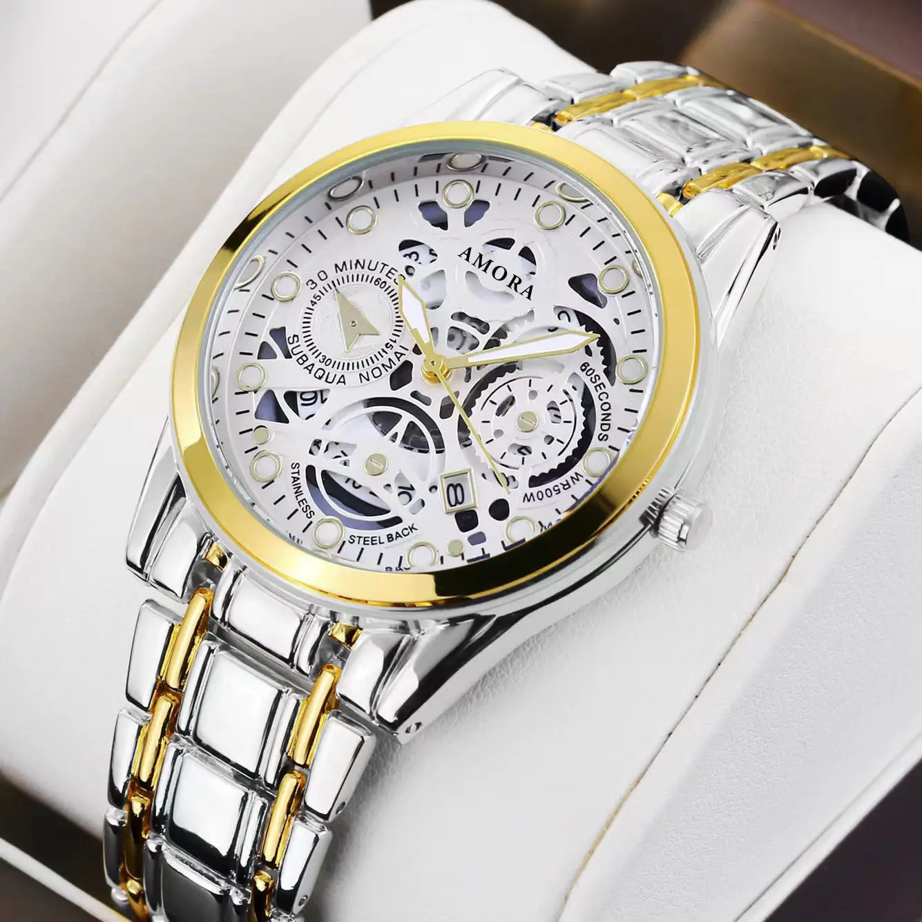 Gold Skeleton Watch with Luminous Dial & Stainless Band - Image 3