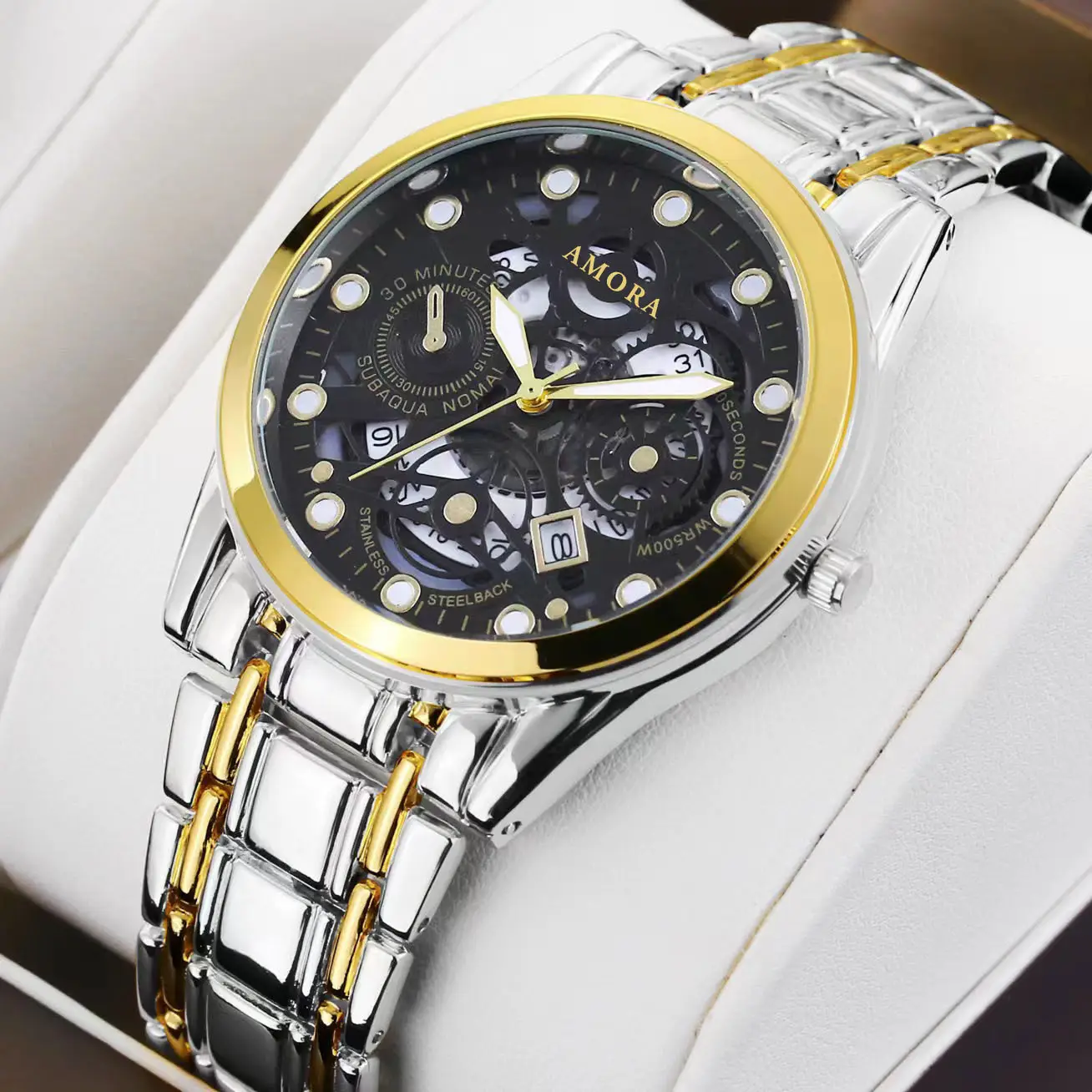 Gold Skeleton Watch with Luminous Dial & Stainless Band - Image 4