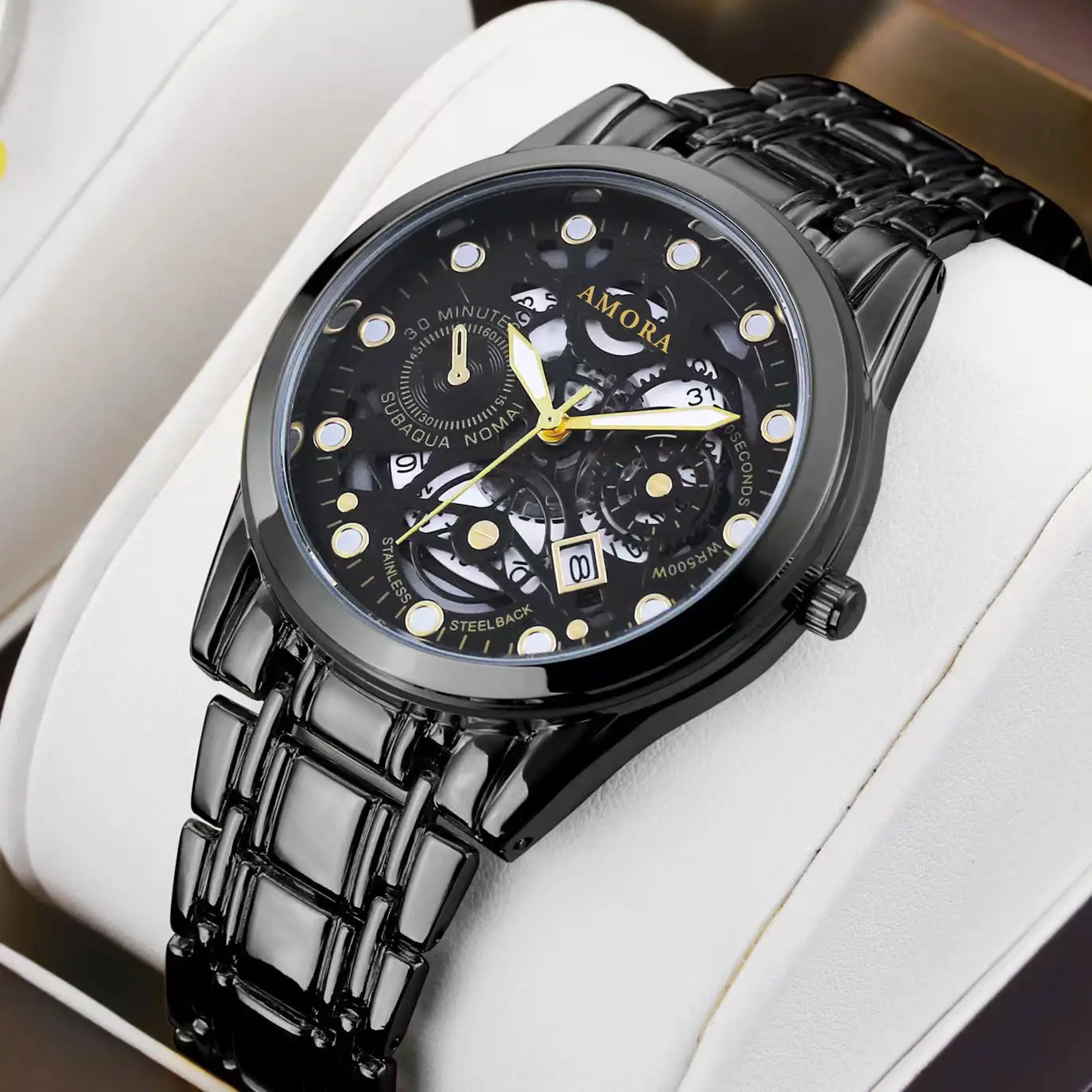 Gold Skeleton Watch with Luminous Dial & Stainless Band - Image 5
