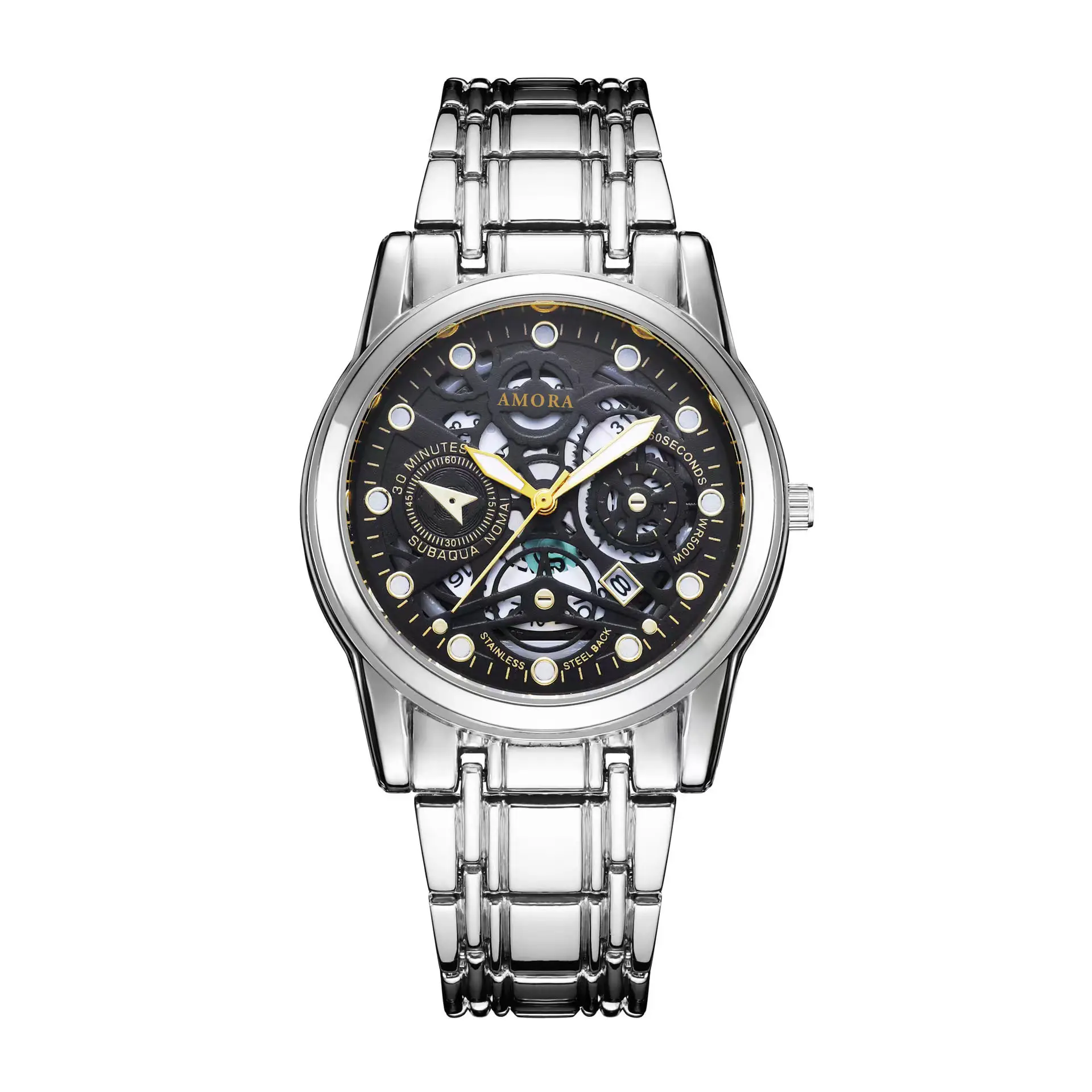Gold Skeleton Watch with Luminous Dial & Stainless Band - Image 6